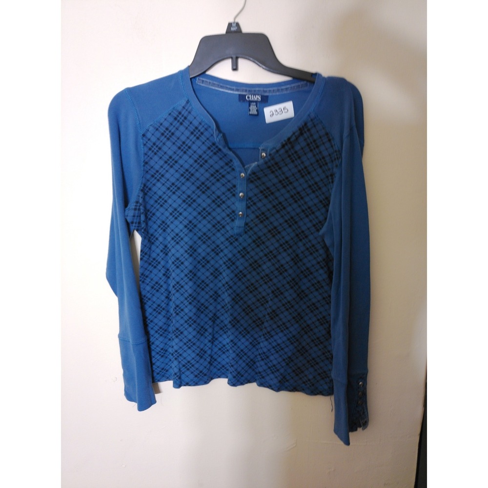 Chaps Henley Top Women Large Blue Plaid Long Sleeve Casual Preppy Mixed Media